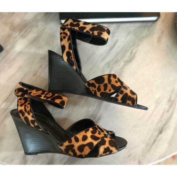 Franco Sarto Calf Hair Brown Leopard Print Strappy Wedges - Picture 4 of 8